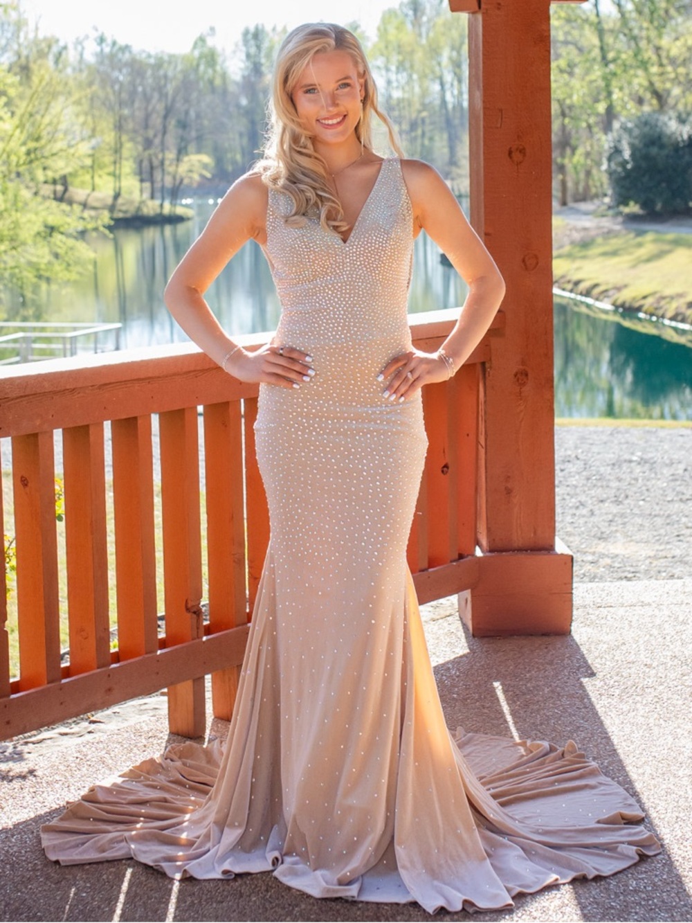 Jonathan Kayne Size 0 Nude Rhinestone Velvet Mermaid Prom Dress Pageant Gown